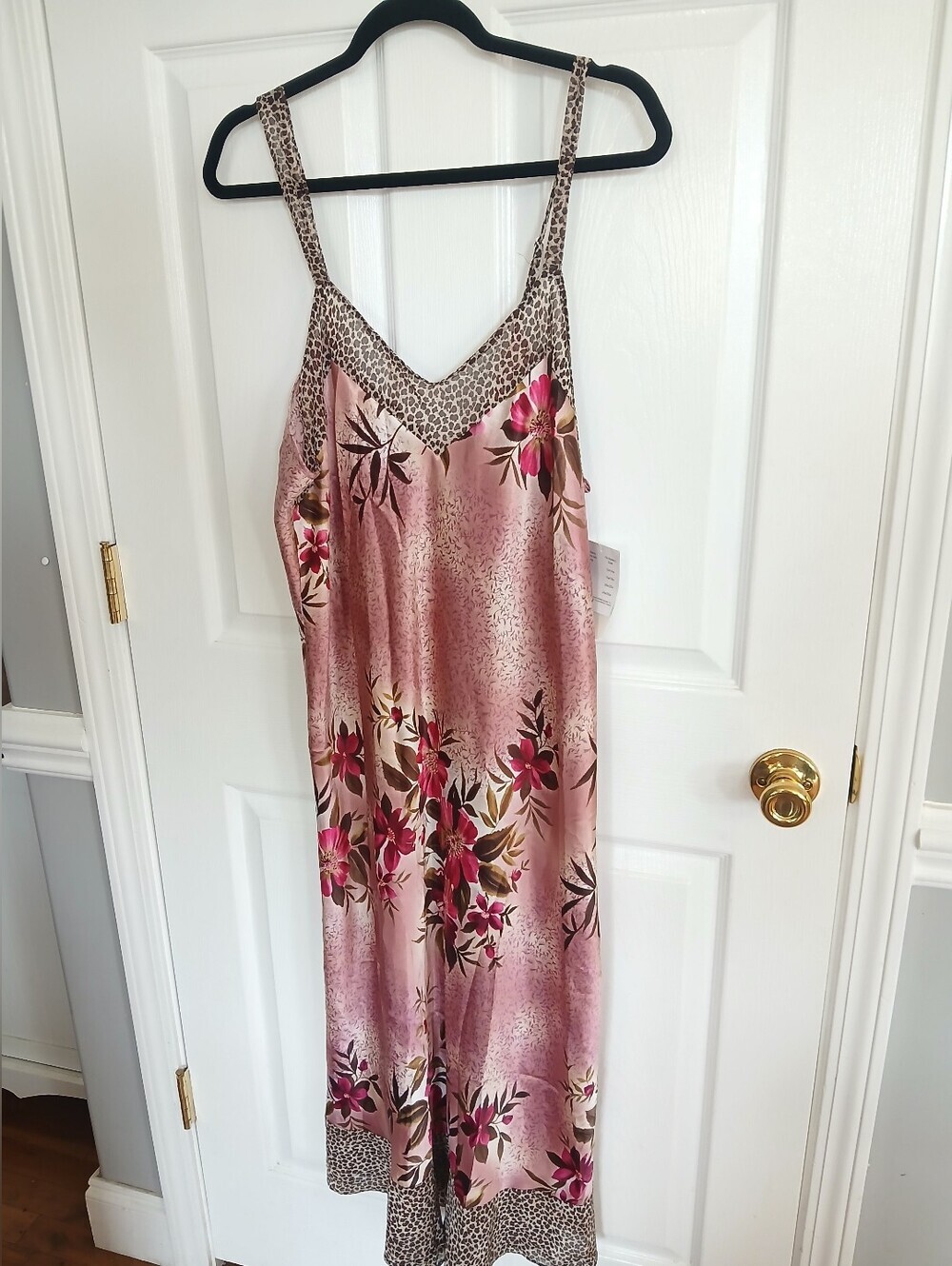 True Beauty By Emme Silky Floral Pink Slip Dress with Animal Trim Sexy Feminine